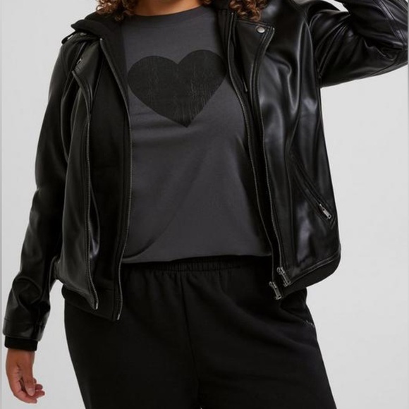 #412 - Torrid Fabric Mix Hooded Moto Jacket Faux Leather Trucker Black - Picture 2 of 6